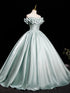 Green Satin Off Shoulder A-line Floor Length Party Dress, Green Satin Off Shoulder Prom Dress